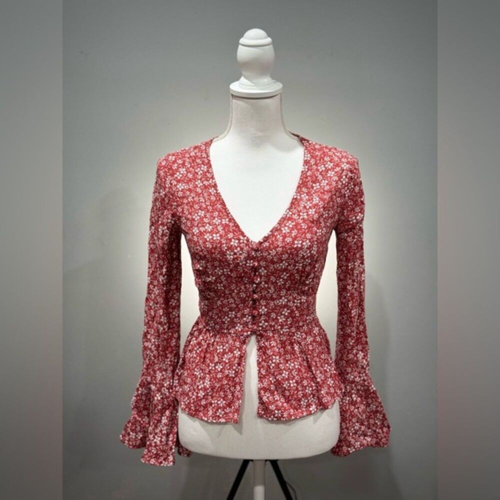 SALE! Coral Blue Rain Floral Button Down Peasant Blouse Size XXS EUC
